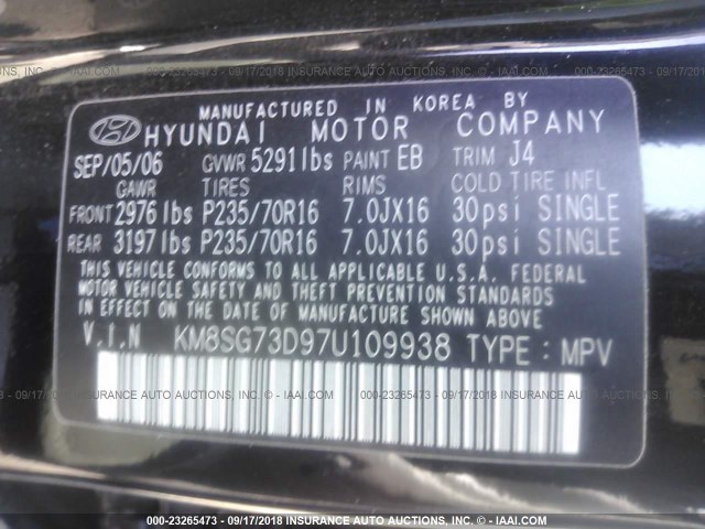 KM8SG73D97U109938 - 2007 HYUNDAI SANTA FE GLS BLACK photo 9