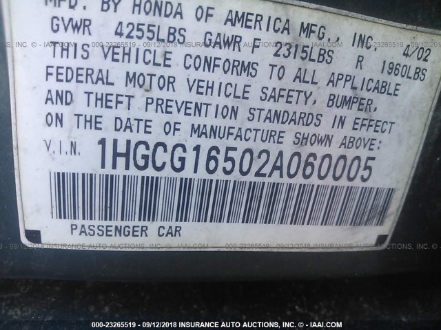 1HGCG16502A060005 - 2002 HONDA ACCORD EX GREEN photo 9