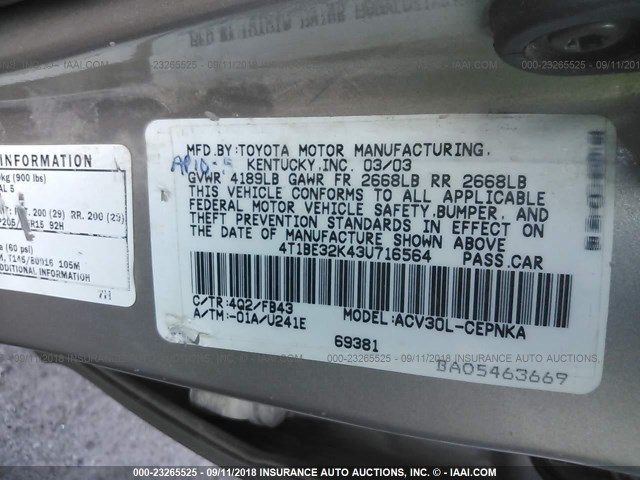 4T1BE32K43U716564 - 2003 TOYOTA CAMRY LE/XLE/SE BEIGE photo 9