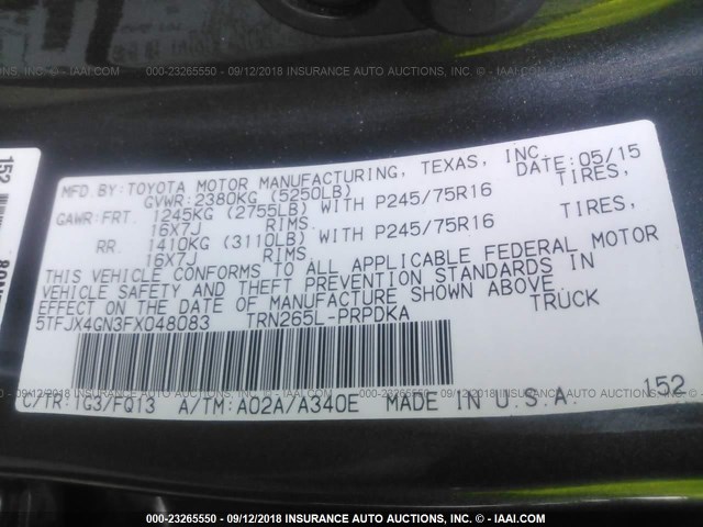 5TFJX4GN3FX048083 - 2015 TOYOTA TACOMA DOUBLE CAB PRERUNNER GRAY photo 9