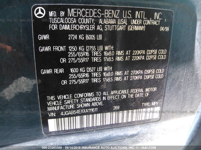 4JGAB54EXXA111611 - 1999 MERCEDES-BENZ ML 320 绿色 照片 9