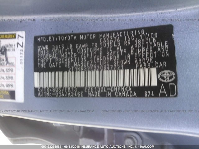 2T1KR32E27C647721 - 2007 TOYOTA COROLLA MATRIX XR BLUE photo 9