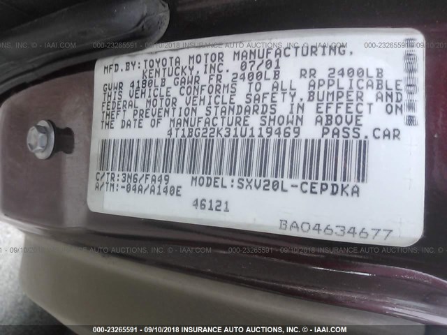 4T1BG22K31U119469 - 2001 TOYOTA CAMRY CE/LE/XLE 勃艮第红 照片 9