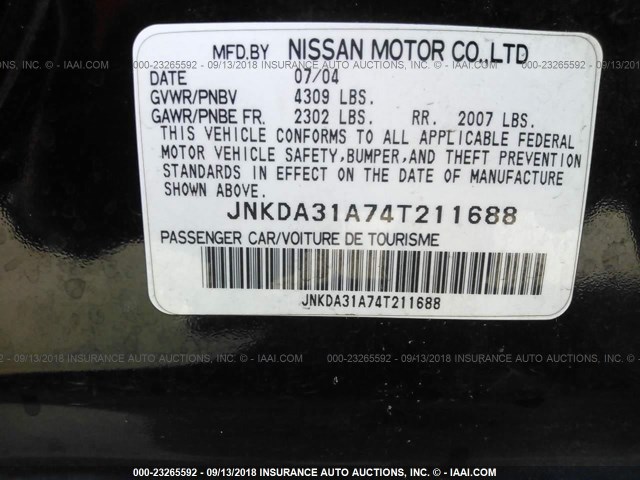 JNKDA31A74T211688 - 2004 INFINITI I35 BLACK photo 9