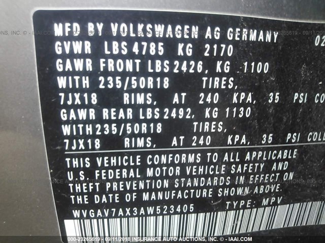 WVGAV7AX3AW523405 - 2010 VOLKSWAGEN TIGUAN S/SE/SEL GRAY photo 9