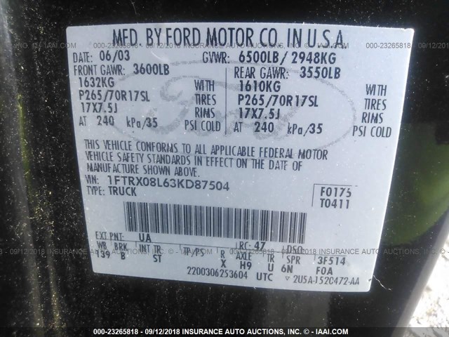 1FTRX08L63KD87504 - 2003 FORD F150 შავი ფოტო 9