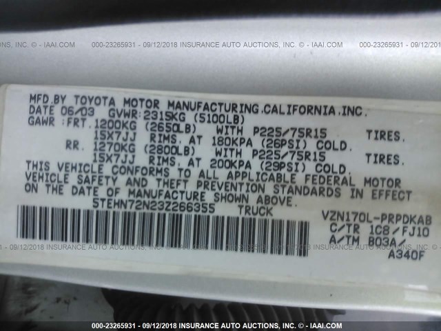 5TEHN72N23Z266355 - 2003 TOYOTA TACOMA DOUBLE CAB 银色 照片 9