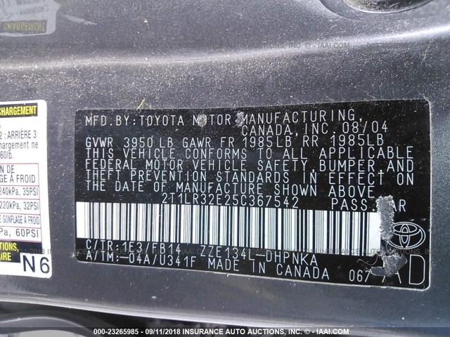 2T1LR32E25C367542 - 2005 TOYOTA COROLLA MATRIX XR GRAY photo 9