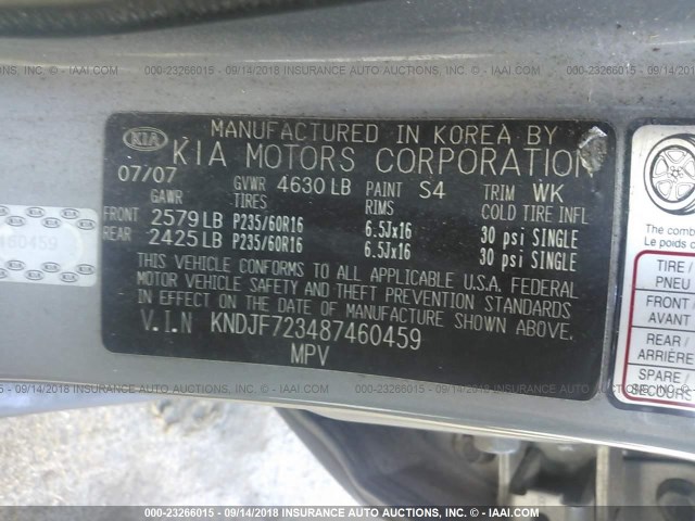 KNDJF723487460459 - 2008 KIA SPORTAGE EX/LX SILVER photo 9