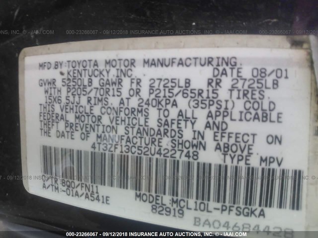 4T3ZF13C52U422748 - 2002 TOYOTA SIENNA LE/XLE BLUE photo 9