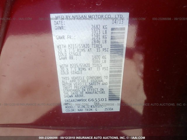 5N1AR2MM9DC665501 - 2013 NISSAN PATHFINDER S/SV/SL/PLATINUM RED photo 9