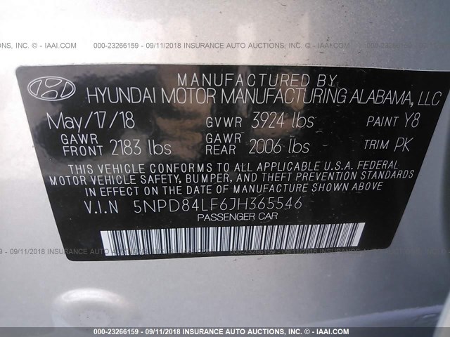 5NPD84LF6JH365546 - 2018 HYUNDAI ELANTRA SEL/VALUE/LIMITED SILVER photo 9