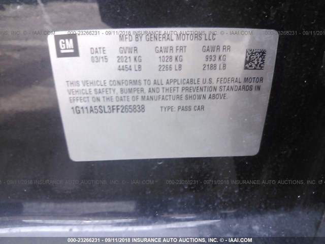 1G11A5SL3FF265838 - 2015 CHEVROLET MALIBU LS შავი ფოტო 9