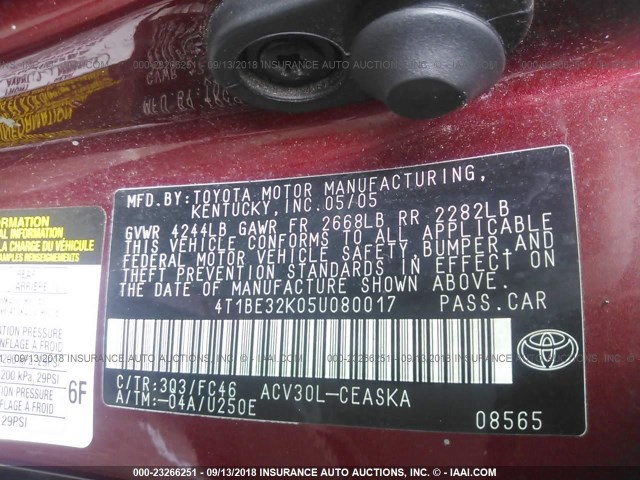 4T1BE32K05U080017 - 2005 TOYOTA CAMRY LE/XLE/SE Қызыл фото 9
