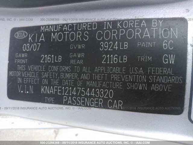 KNAFE121475443320 - 2007 KIA SPECTRA EX/LX SILVER photo 9