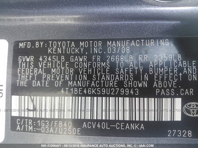 4T1BE46K59U279943 - 2009 TOYOTA CAMRY SE/LE/XLE ნაცრისფერი ფოტო 9