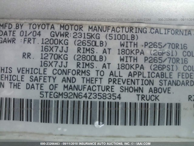 5TEGM92N64Z358354 - 2004 TOYOTA TACOMA DOUBLE CAB PRERUNNER GRAY photo 9