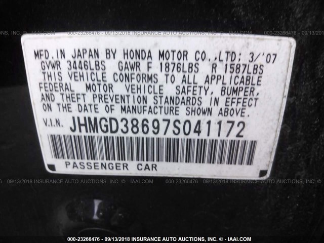 JHMGD38697S041172 - 2007 HONDA FIT S 黑色 照片 9