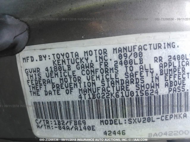 4T1BG22K61U015624 - 2001 TOYOTA CAMRY CE/LE/XLE 灰色 照片 9