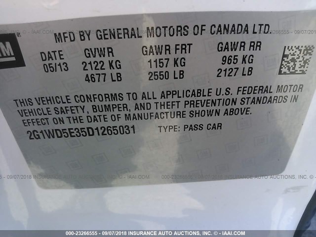 2G1WD5E35D1265031 - 2013 CHEVROLET IMPALA POLICE WHITE photo 9