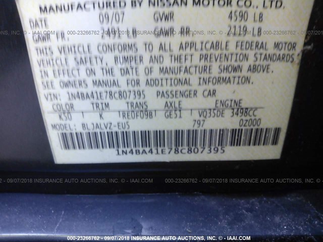 1N4BA41E78C807395 - 2008 NISSAN MAXIMA SE/SL BLACK photo 9