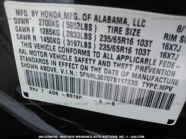 5FNRL38707B117235 - 2007 HONDA ODYSSEY EXL ლურჯი ფოტო 9