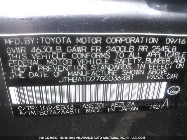 JTHBA1D27G5036481 - 2016 LEXUS IS 200T GRAY photo 9