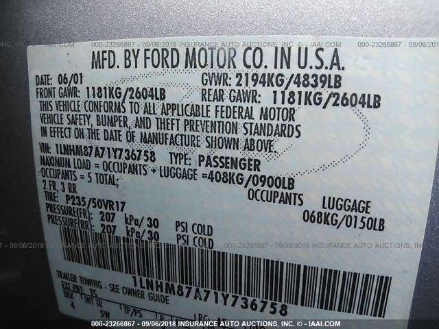 1LNHM87A71Y736758 - 2001 LINCOLN LS 银色 照片 9