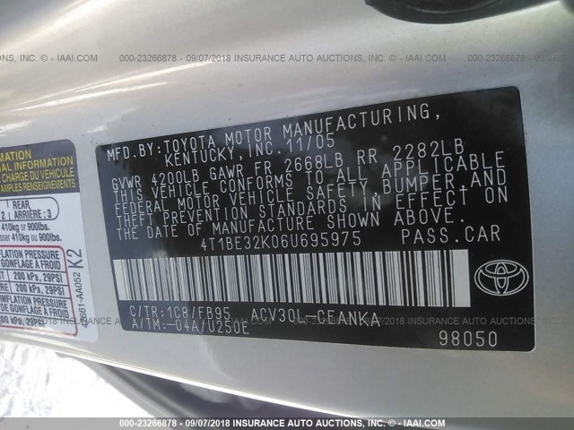 4T1BE32K06U695975 - 2006 TOYOTA CAMRY LE/XLE/SE Күміс фото 9