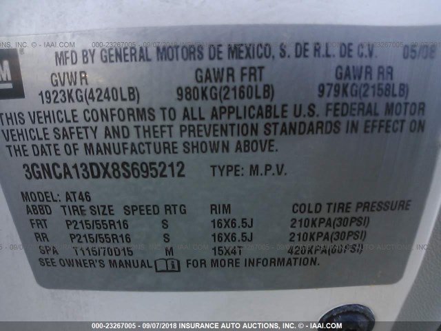 3GNCA13DX8S695212 - 2008 CHEVROLET HHR LS WHITE photo 9