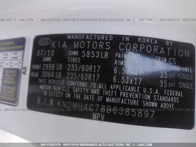 KNDMH4C78B6385897 - 2011 KIA SEDONA EX WHITE photo 9