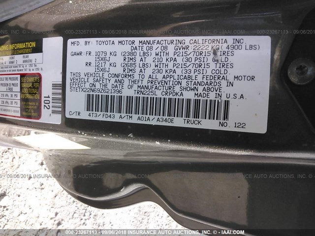 5TETX22N69Z621396 - 2009 TOYOTA TACOMA ACCESS CAB TAN photo 9