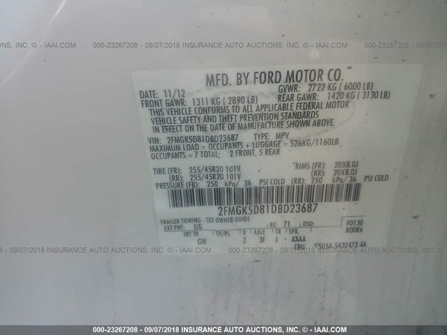 2FMGK5D81DBD23687 - 2013 FORD FLEX LIMITED WHITE photo 9