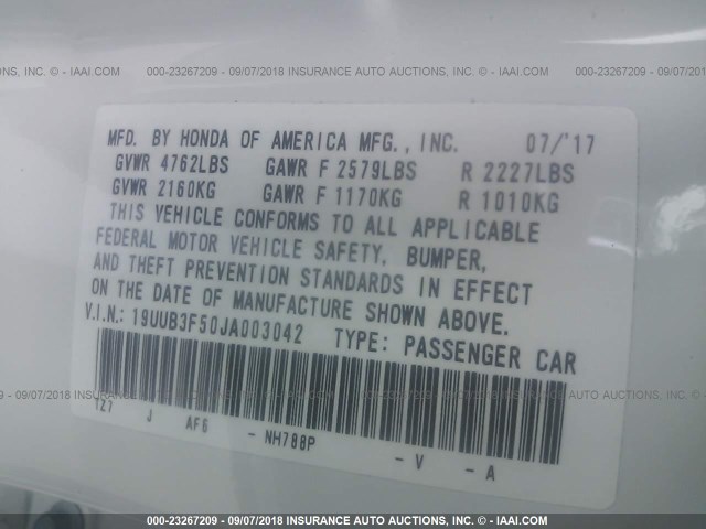 19UUB3F50JA003042 - 2018 ACURA TLX TECH WHITE photo 9