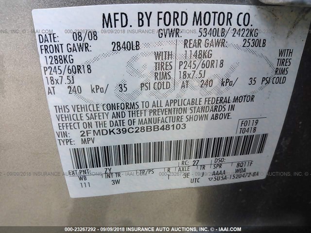 2FMDK39C28BB48103 - 2008 FORD EDGE LIMITED GRAY photo 9