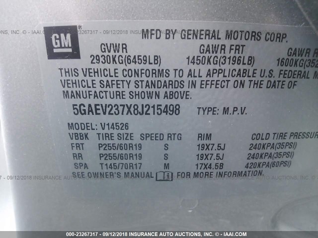 5GAEV237X8J215498 - 2008 BUICK ENCLAVE CXL SILVER photo 9