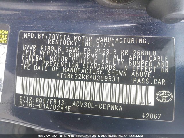 4T1BE32K64U309931 - 2004 TOYOTA CAMRY LE/XLE/SE Көк фото 9