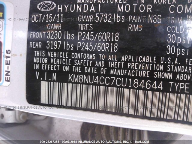 KM8NU4CC7CU184644 - 2012 HYUNDAI VERACRUZ GLS/LIMITED SILVER photo 9