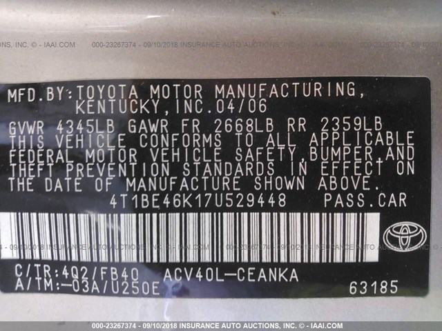 4T1BE46K17U529448 - 2007 TOYOTA CAMRY NEW GENERAT CE/LE/XLE/SE TAN photo 9