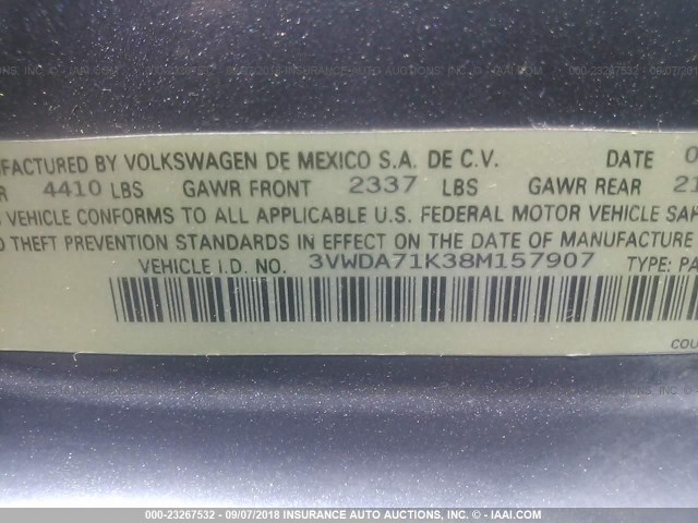 3VWDA71K38M157907 - 2008 VOLKSWAGEN GLI ნაცრისფერი ფოტო 9