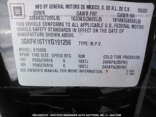 3GKFK16T1YG191256 - 2000 GMC YUKON XL K1500 BLACK photo 9