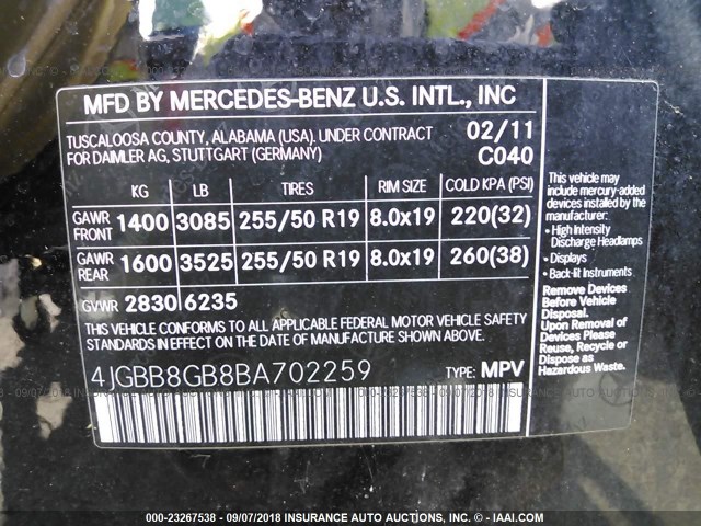 4JGBB8GB8BA702259 - 2011 MERCEDES-BENZ ML 350 4MATIC BLACK photo 9