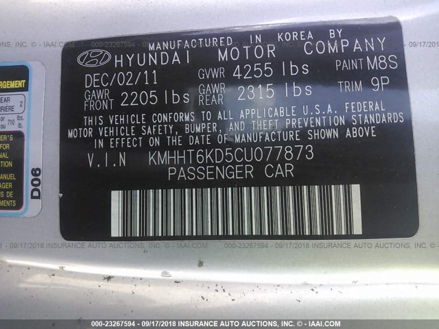 KMHHT6KD5CU077873 - 2012 HYUNDAI GENESIS COUPE 2.0T SILVER photo 9