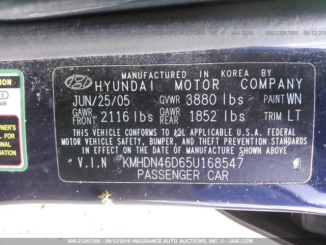 KMHDN46D65U168547 - 2005 HYUNDAI ELANTRA GLS/GT Navy photo 9