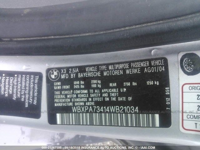 WBXPA73414WB21034 - 2004 BMW X3 2.5I ვერცხლისფერი ფოტო 9