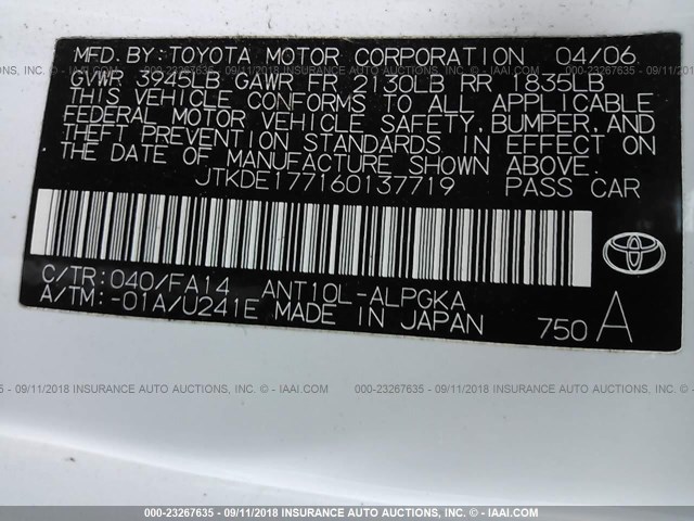 JTKDE177160137719 - 2006 TOYOTA SCION TC 白色 照片 9