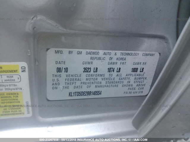 KL1TD5DE2BB140554 - 2011 CHEVROLET AVEO LS/LT ვერცხლისფერი ფოტო 9