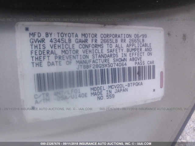 JT8BF28G9X5074064 - 1999 LEXUS ES 300 BLACK photo 9