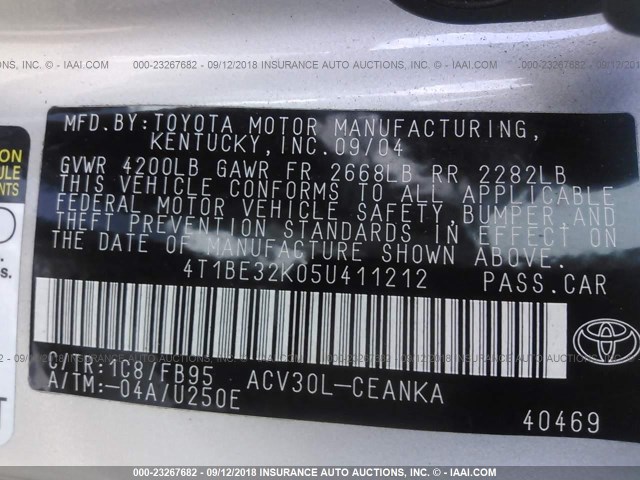 4T1BE32K05U411212 - 2005 TOYOTA CAMRY LE/XLE/SE 银色 照片 9