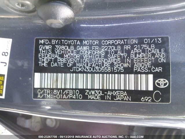 JTDKN3DU3D5581575 - 2013 TOYOTA PRIUS GRAY photo 9